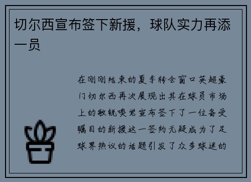 切尔西宣布签下新援，球队实力再添一员