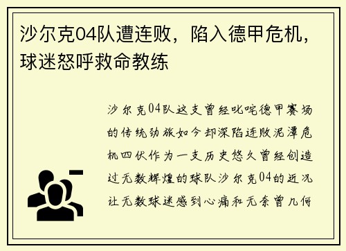 沙尔克04队遭连败，陷入德甲危机，球迷怒呼救命教练
